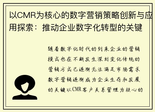 以CMR为核心的数字营销策略创新与应用探索：推动企业数字化转型的关键路径