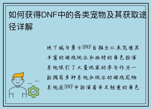 如何获得DNF中的各类宠物及其获取途径详解 如何获得DNF中的各类宠物及其获取途径详解